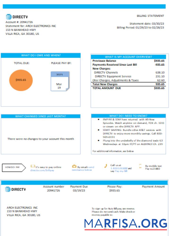 Realistic California Directv utility business bill, SCR example